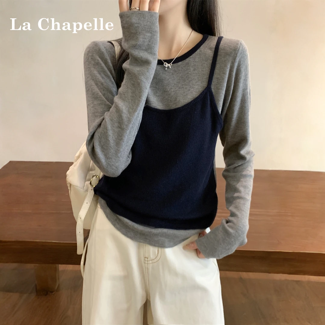 拉夏贝尔2025秋季款韩版撞色减龄假两件长袖针织衫打底内搭女ins