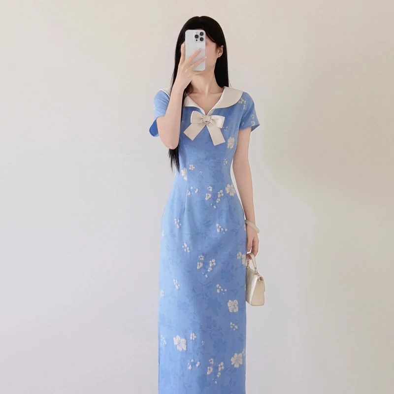 新中式国风蓝色娃娃领短袖连衣裙子女夏季超好看洋气漂亮包臀长裙