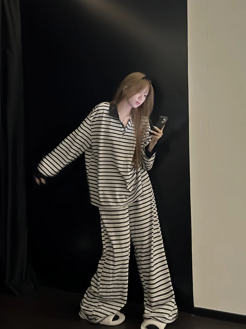 韩版条纹撞色长袖睡衣女款秋季新款宽松显瘦长裤家居服套装可外穿