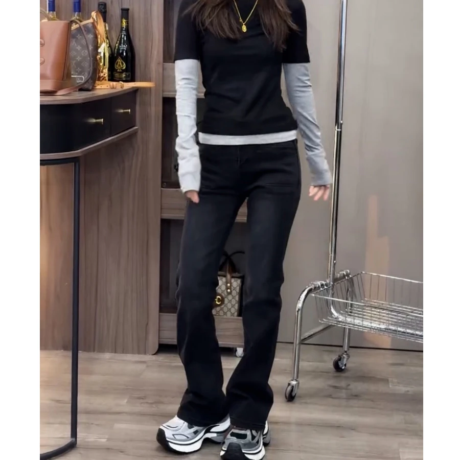 黑灰小个子微喇牛仔裤女秋冬加绒高腰百搭弹力显瘦修身喇叭长裤子