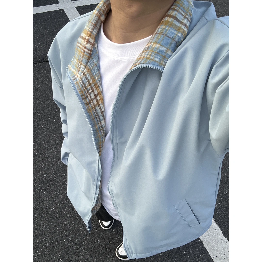 fitcheck蓝色格子拼接外套男女同款早秋无帽立领上衣飞行员夹克潮