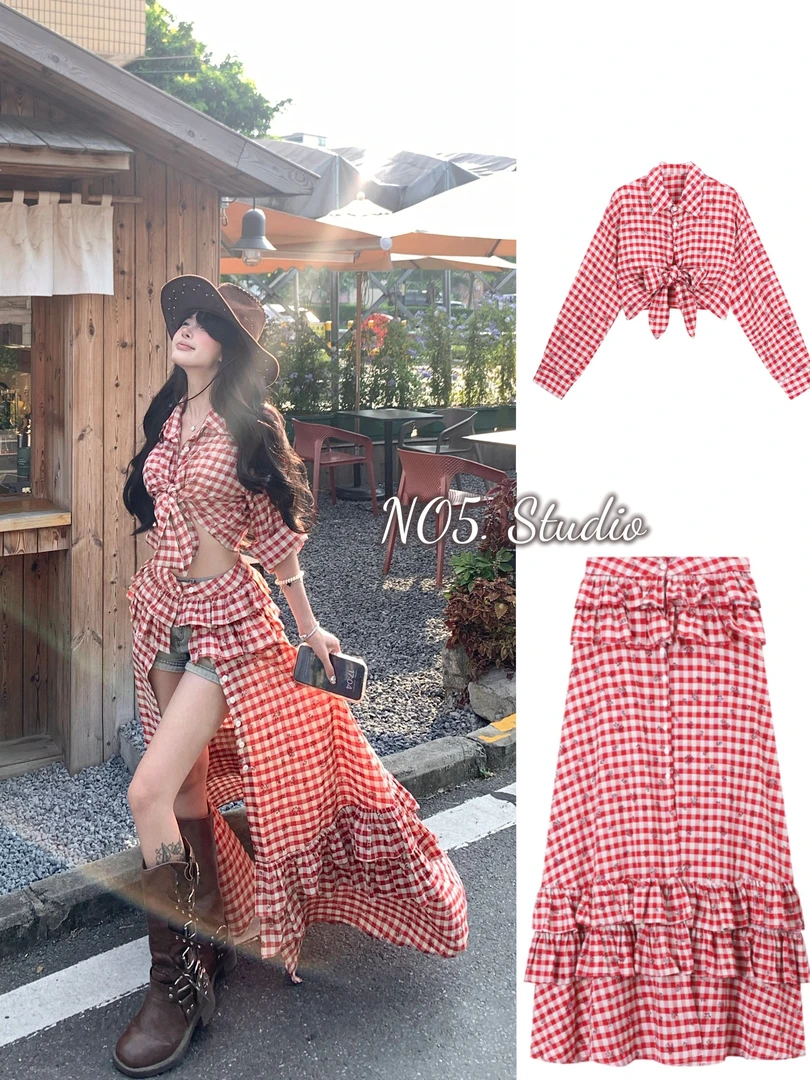 新疆西藏大理云南旅游草原穿搭套装女早秋长袖格纹裙子两件套7222