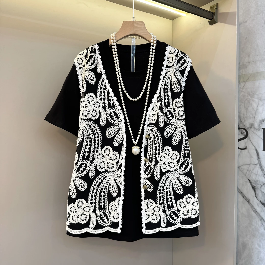 2025夏高端重工刺绣马夹拼接设计提花设计感潮流薄款气质时尚上衣