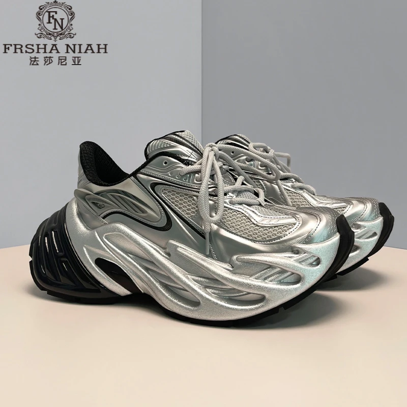 法莎尼亚银色老爹鞋男款新款厚底6CM增高厚底网网面厚底增高透气