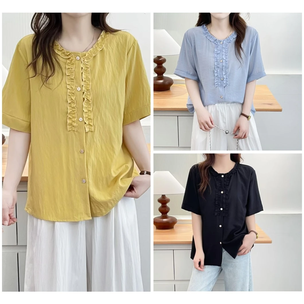 梦冬佳--110-200斤大码女装夏季宽松遮肚子显瘦别致花边短袖衬衫