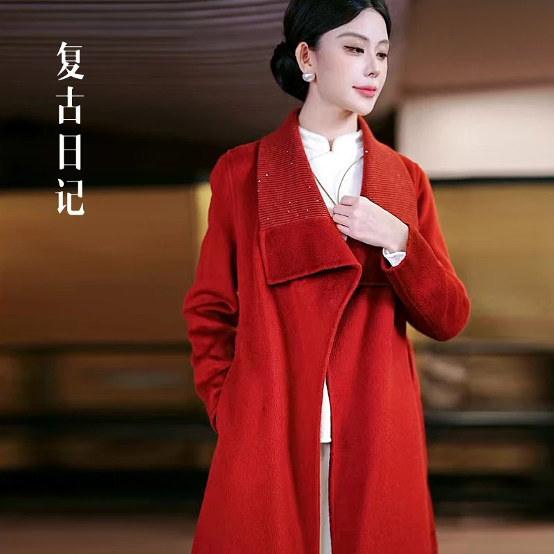 复古日记“境水禅”针织大翻领水波纹短绒羊绒双面呢大衣2EHD097