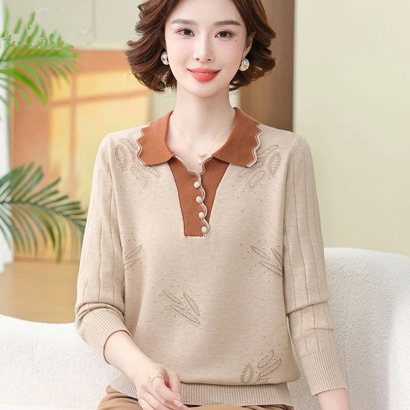 2025妈妈春装针织小洋气翻领上衣中老年女春秋长袖毛衣时尚打底衫