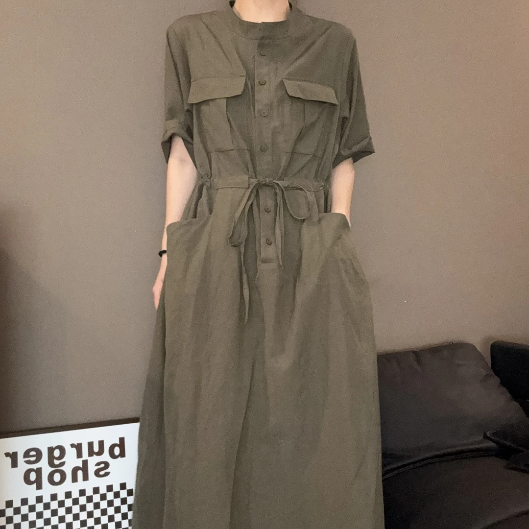 夏季小立领短袖宽松显瘦收腰长款百搭工装连衣裙-2562