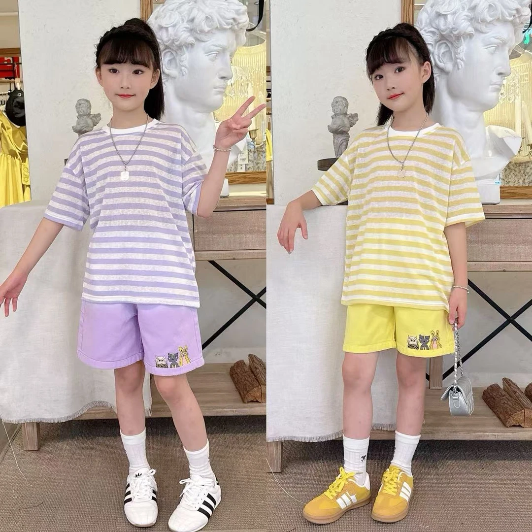 女童夏款防晒条纹短袖短裤套装女大童初中学生女孩夏季轻薄两件套