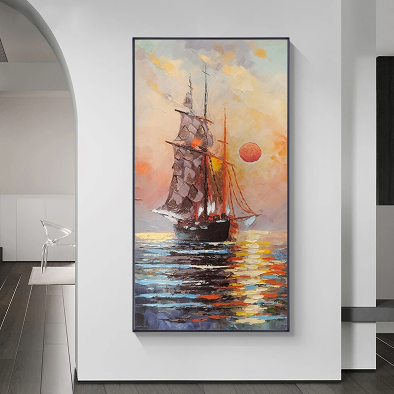 砂岩厚油肌理风立体实 日出玄关装饰画 铝合金边框挂画帆船80160