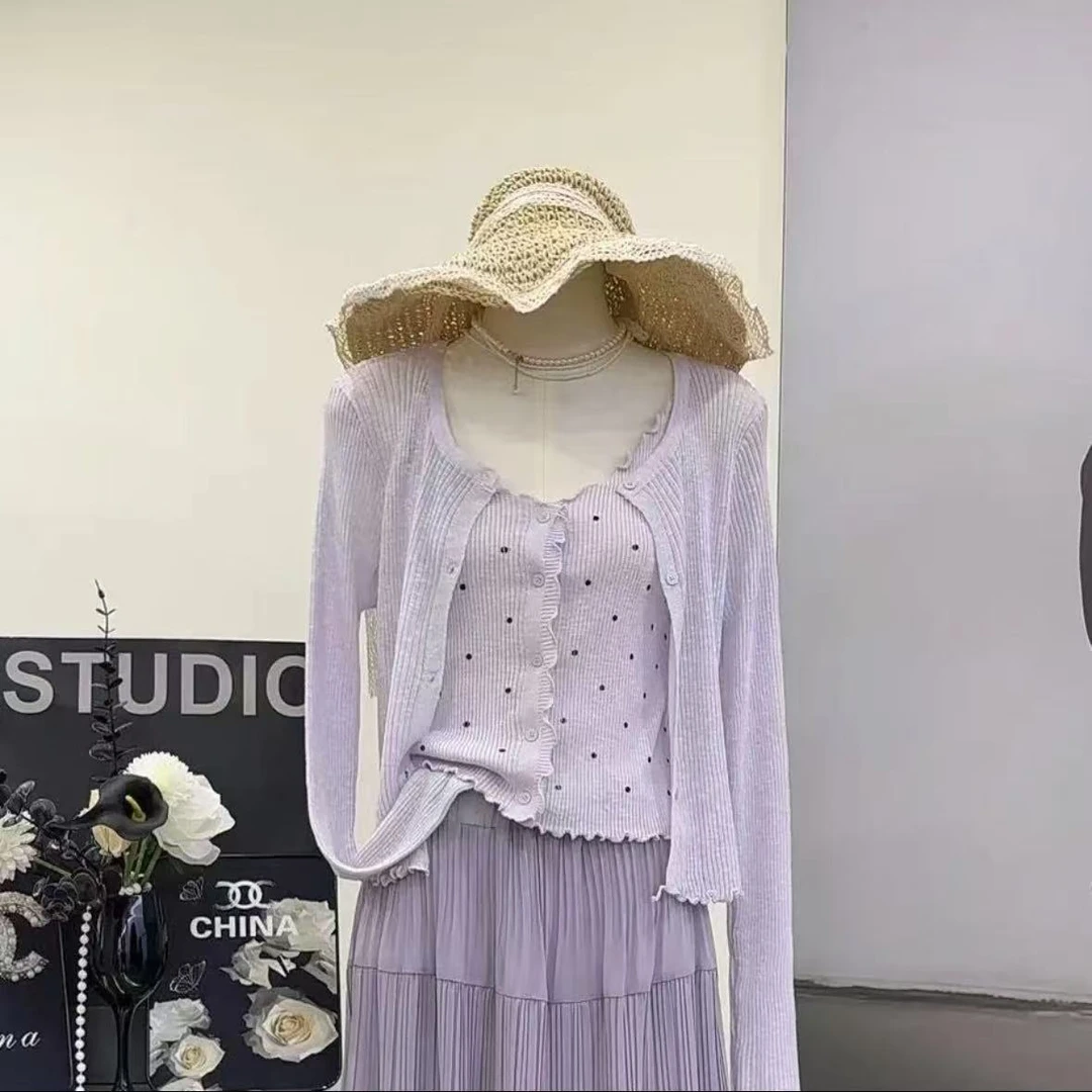 263温柔风显白波点吊带背心女大码外搭春秋开衫外套两件套