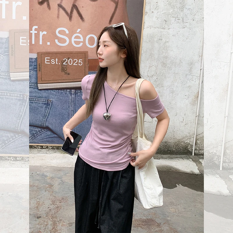 香芋紫斜肩纯欲气质简约短袖T恤女2025夏季收腰褶皱性感上衣