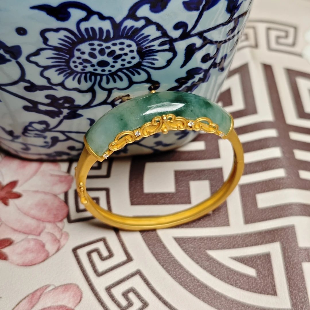 盛夏家|老翡翠半截蓝绿底时尚百搭镯子|开口镯细节咨询客服