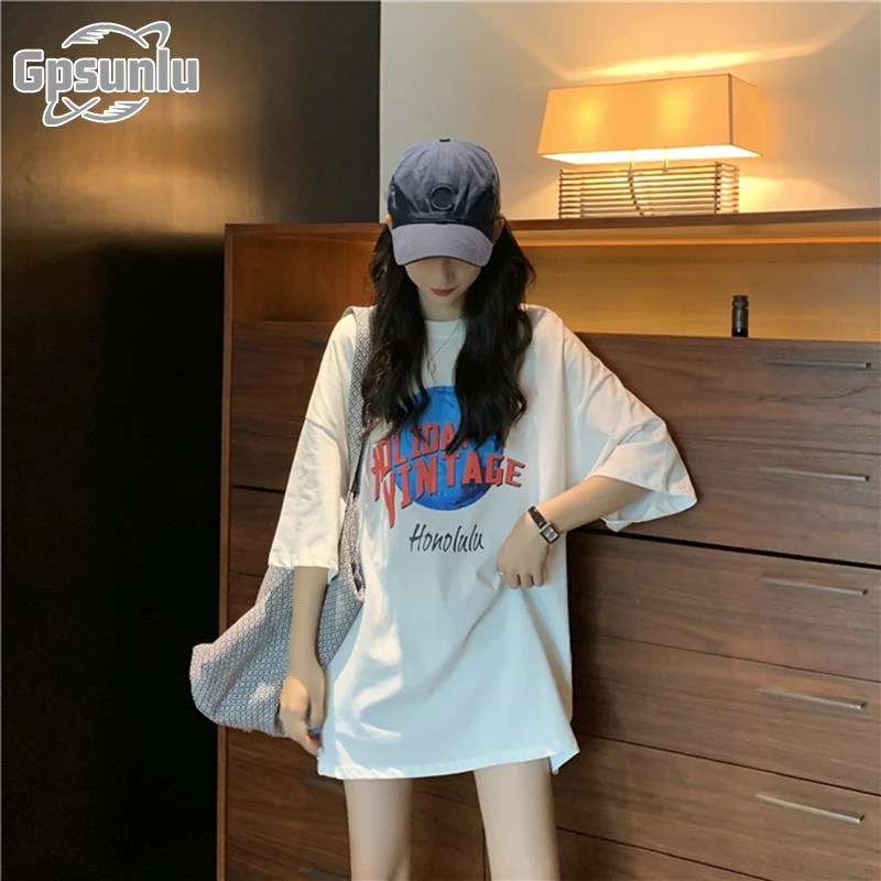 gpsunlu夏季大版白色短袖恤女新款宽松中长款下装春秋长袖t恤