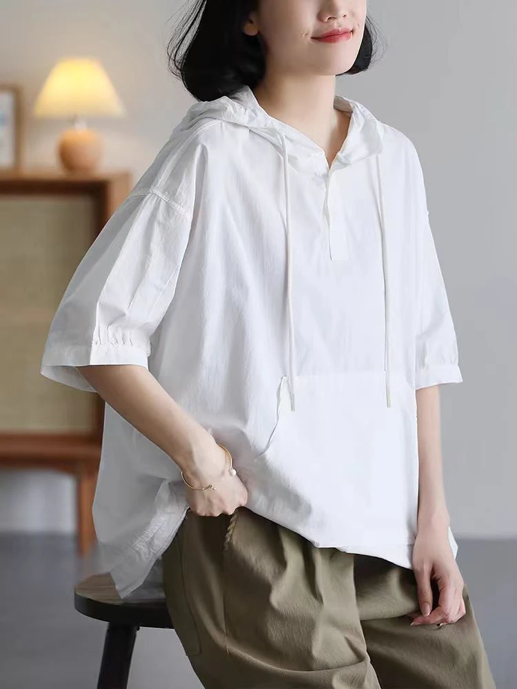 夏季新款连帽抽绳短袖宽松上衣百搭T恤17096