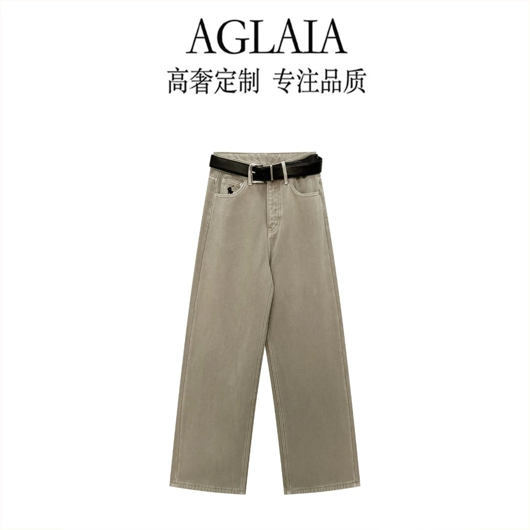AGLAIA~2025冬季加绒加厚高腰显瘦保暖休闲窄版阔腿牛仔裤8328