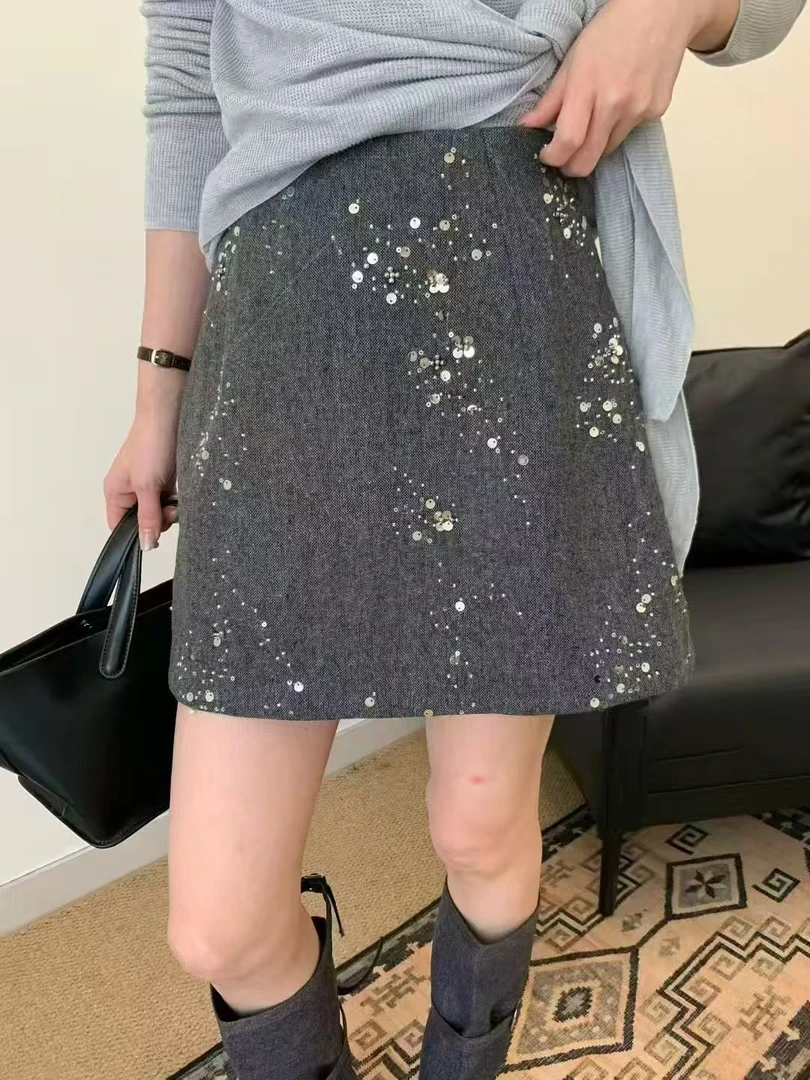 高腰显瘦亮片防走光半身裙女2025冬季百搭气质减龄A字短裙15807