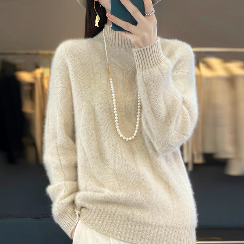 chao有气质~重磅加厚冬季款羊绒衫女长袖半高领大绞花针织衫