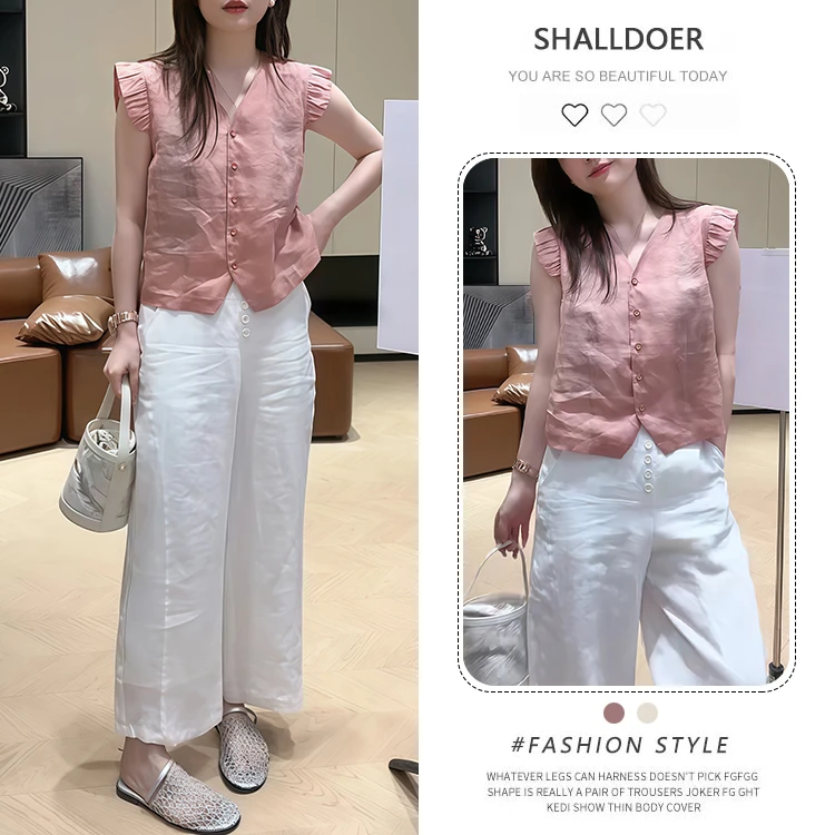 韩系甜美减龄套装女夏季新款时尚无袖马甲衬衫休闲阔腿裤子两件套