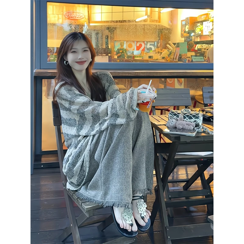 2025新款女士夏季慵懒风韩版条纹宽松百搭长袖上衣高腰休闲阔腿裤