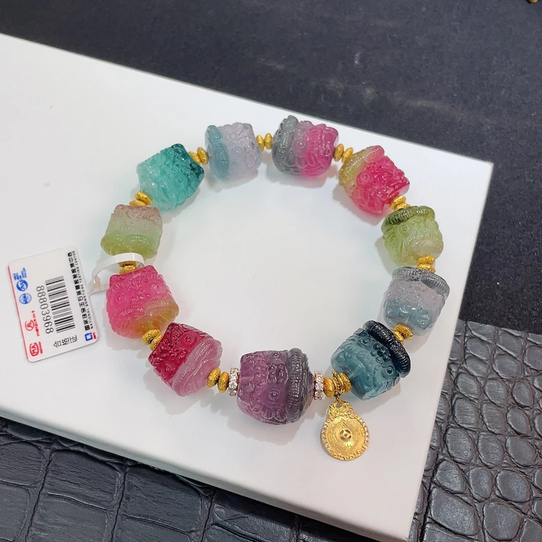 西瓜碧玺手链18K金镶嵌 藏品级 12.5-14+mm 醒狮