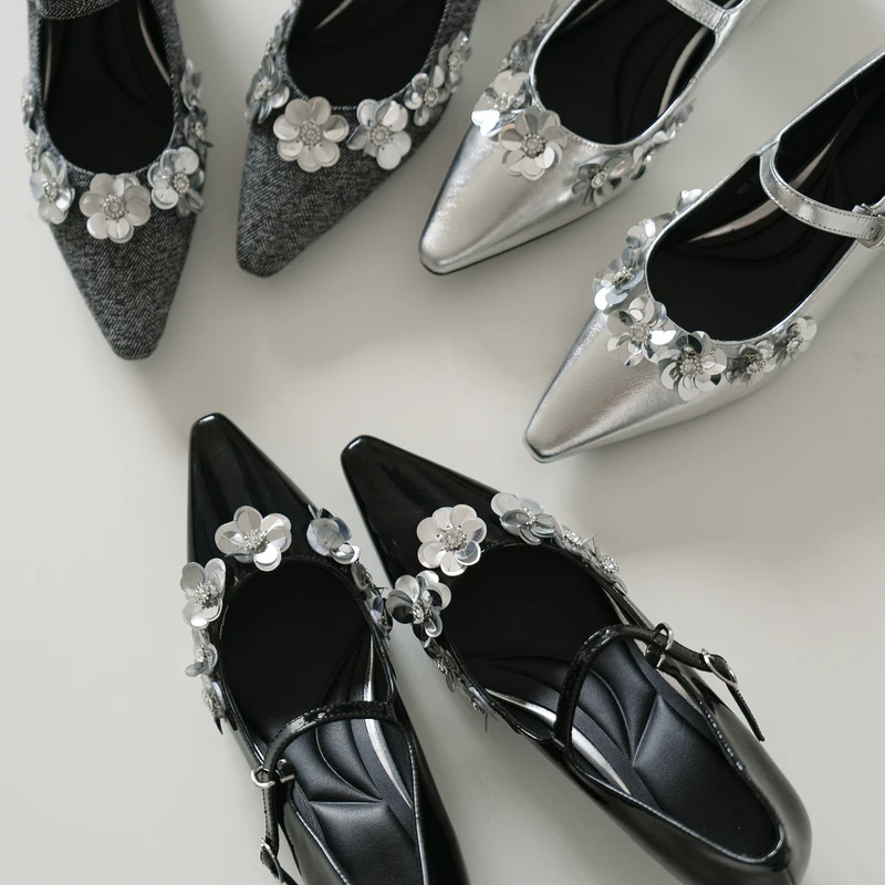 跟高5cm/34-40/2025春季新款尖头一字带真皮玛丽珍水钻百搭单鞋女