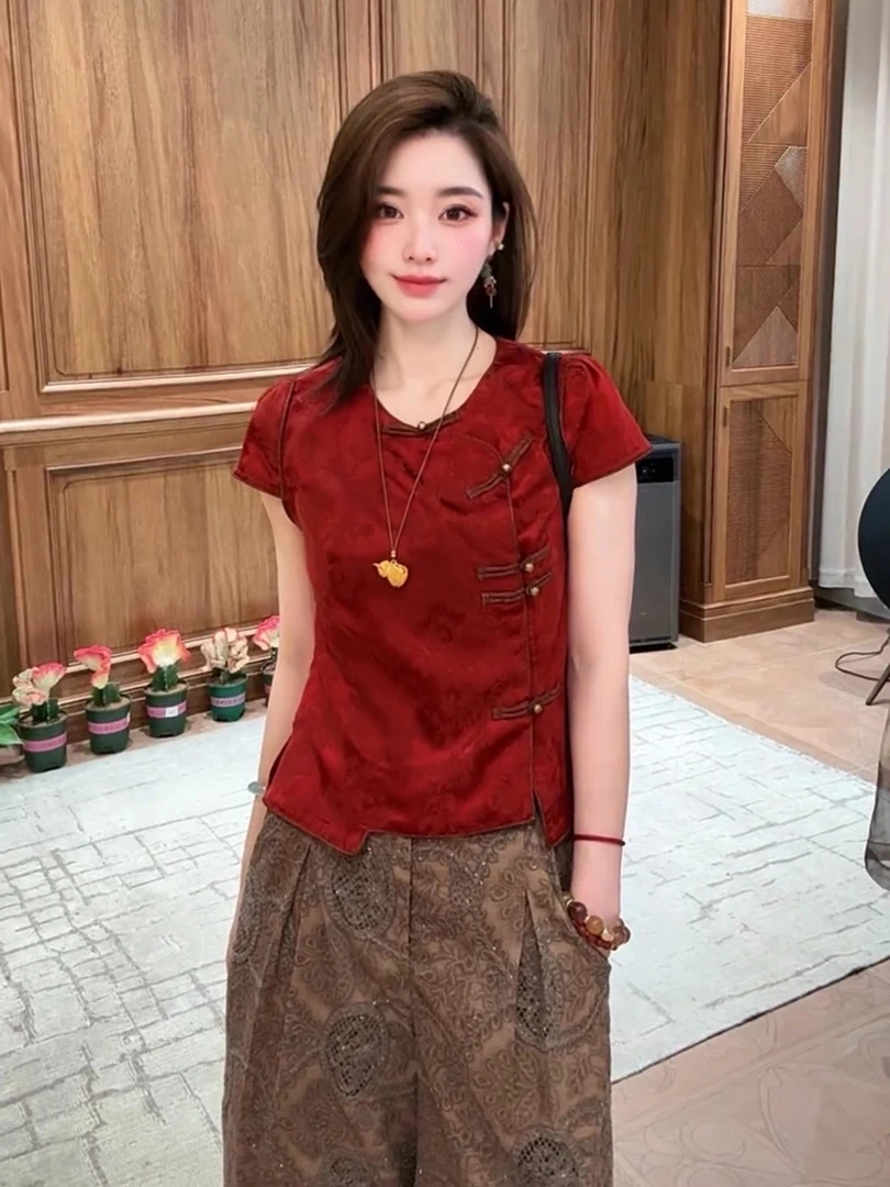 2025超火洋气减龄上衣新中式国风高级小众不撞款红色短袖T恤夏季