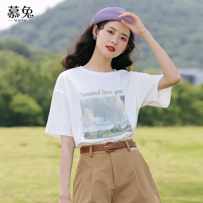 慕兔ins宽松字母印花短袖t恤女2025夏季新款设计感小众显瘦上衣潮