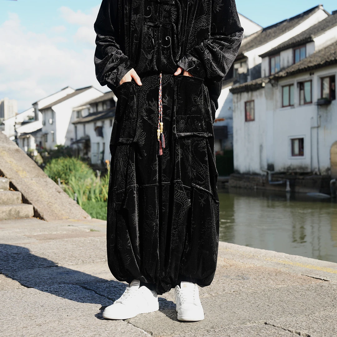 金丝绒男裤子大码肥佬阔腿休闲裤秋冬季中国风龙纹提花宽松灯笼裤