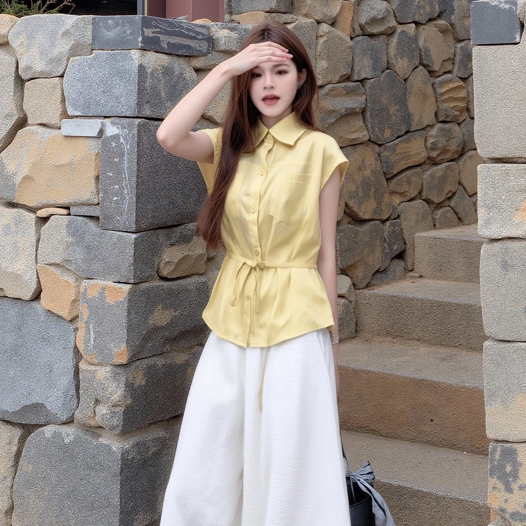 C【两件套】【有里布】衬衫短袖套装女夏季一整套穿搭减龄两件套D2395