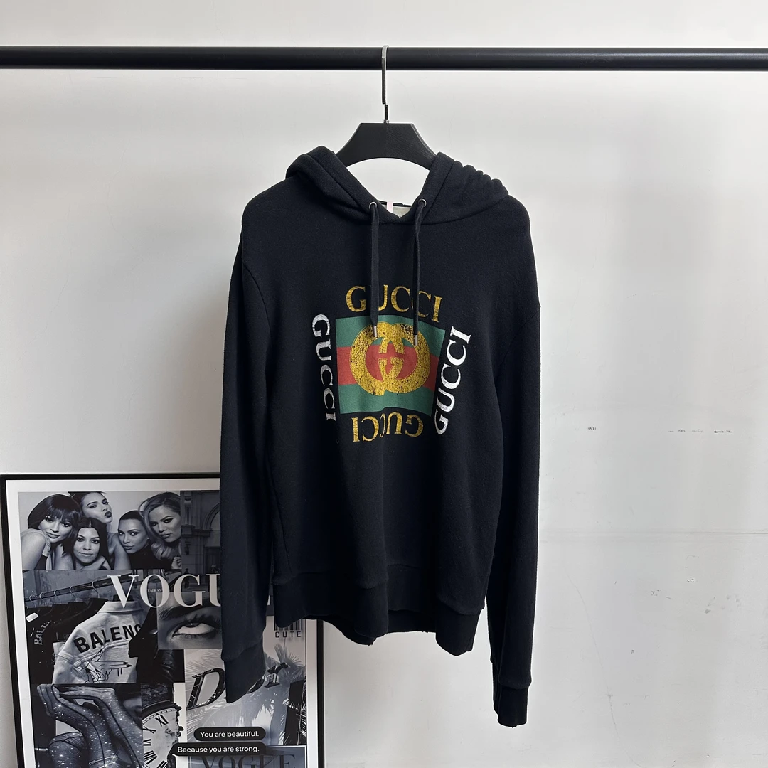99新 GUCCI/古驰 黑色复古方块帽衫/S
