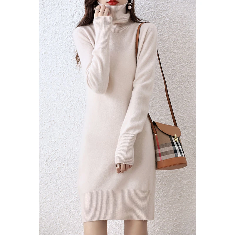 女士高领修身显瘦秋季长袖羊毛针织打底连衣裙
