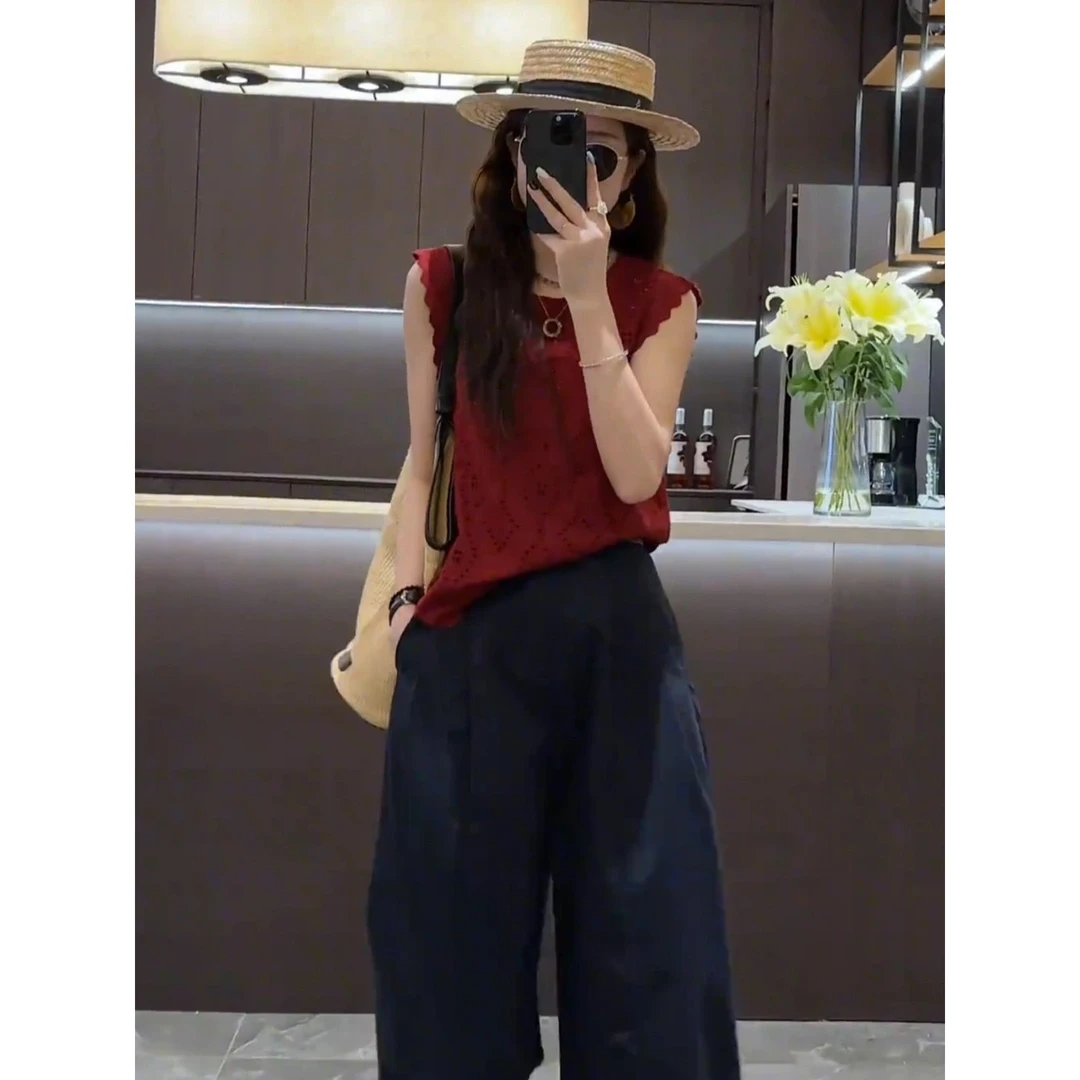 夏装搭配一整套镂空蕾丝无袖上衣阔腿裤两件套小个子显高时尚套装