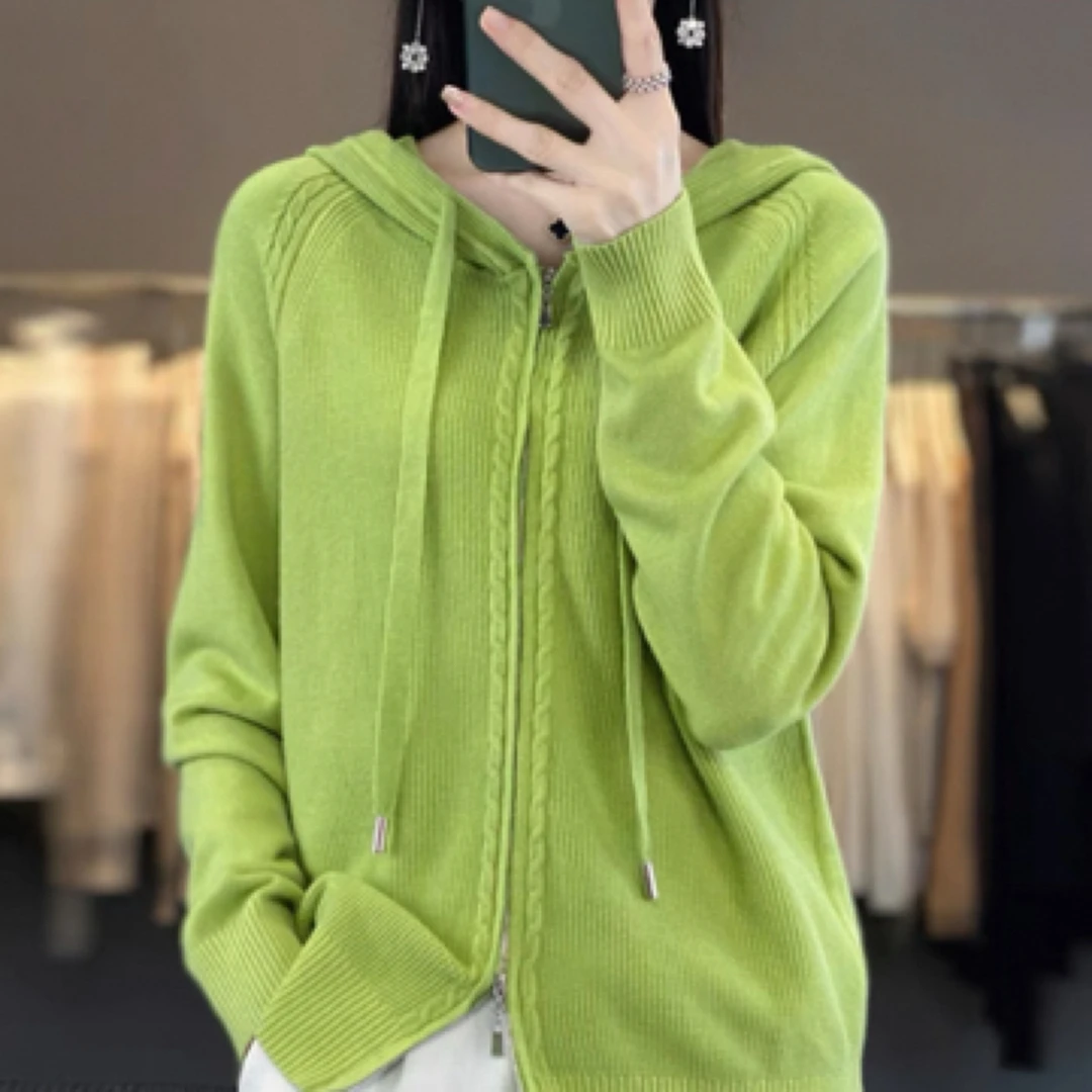281秋冬不起球短款帽衫女开衫宽松型上衣春季纯色毛针织衫果绿色