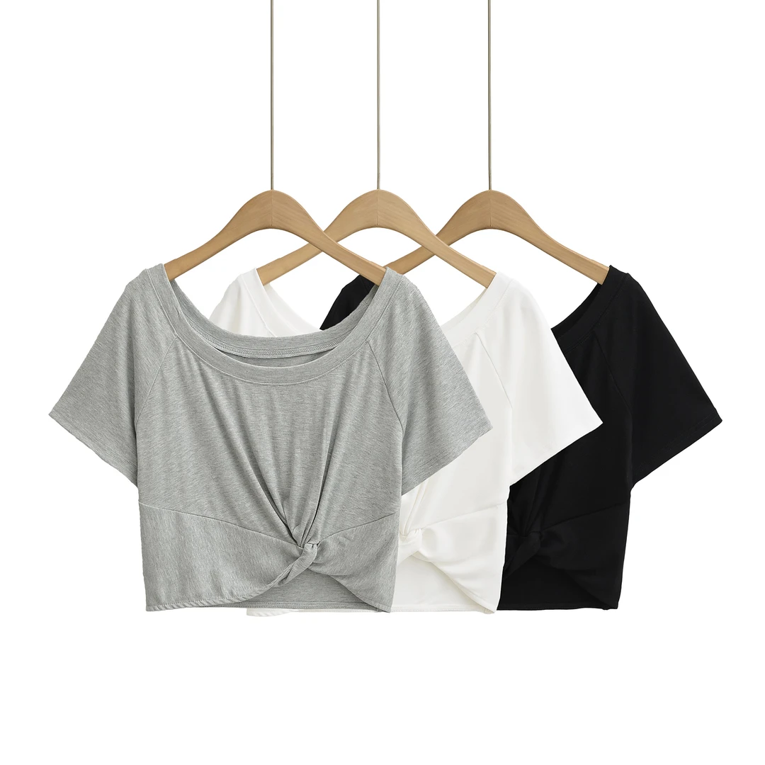 CL2527扭结设计斜肩修身露肩短袖