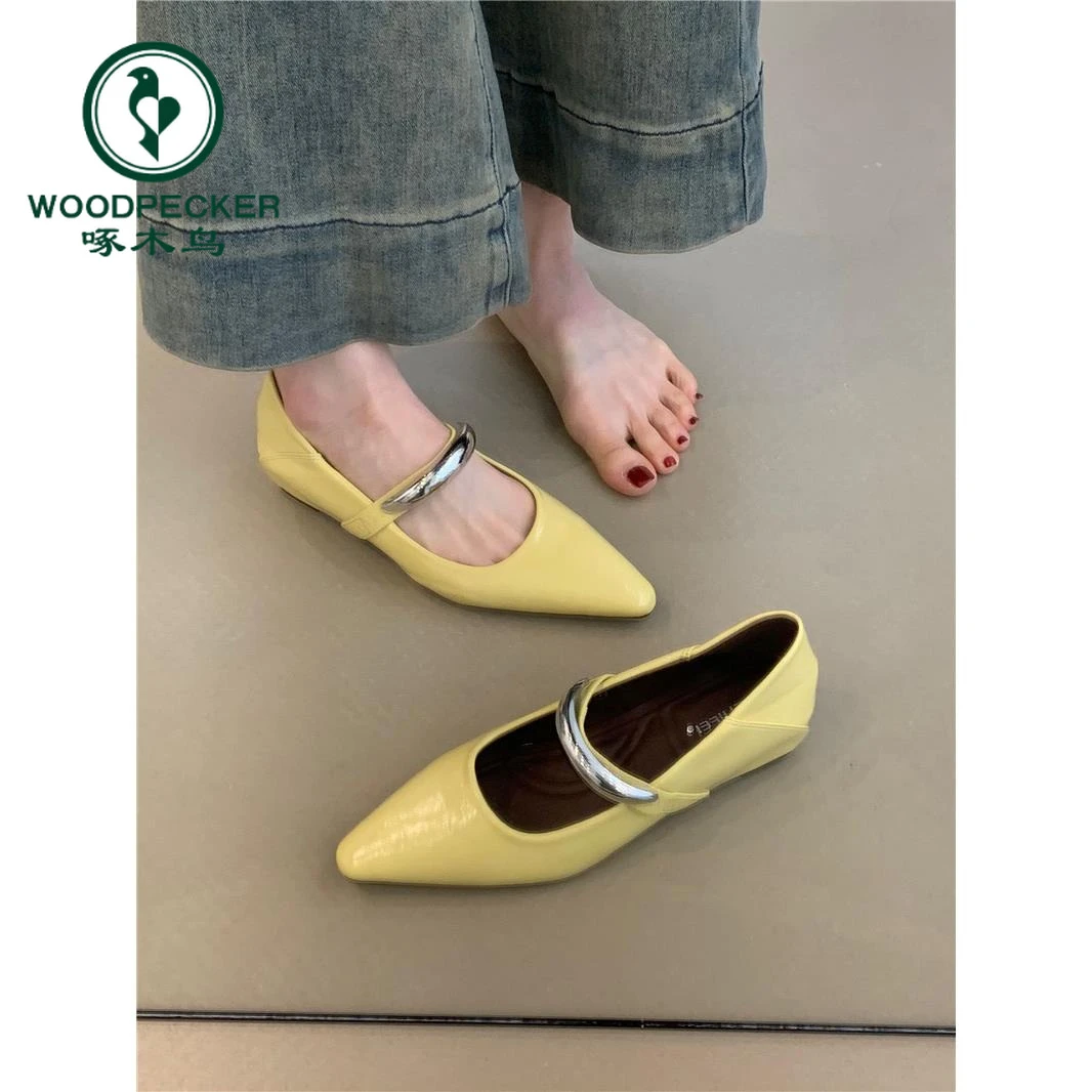 啄木鸟设计感小众玛丽珍2025年法式温柔仙女风尖头浅口软皮通勤鞋