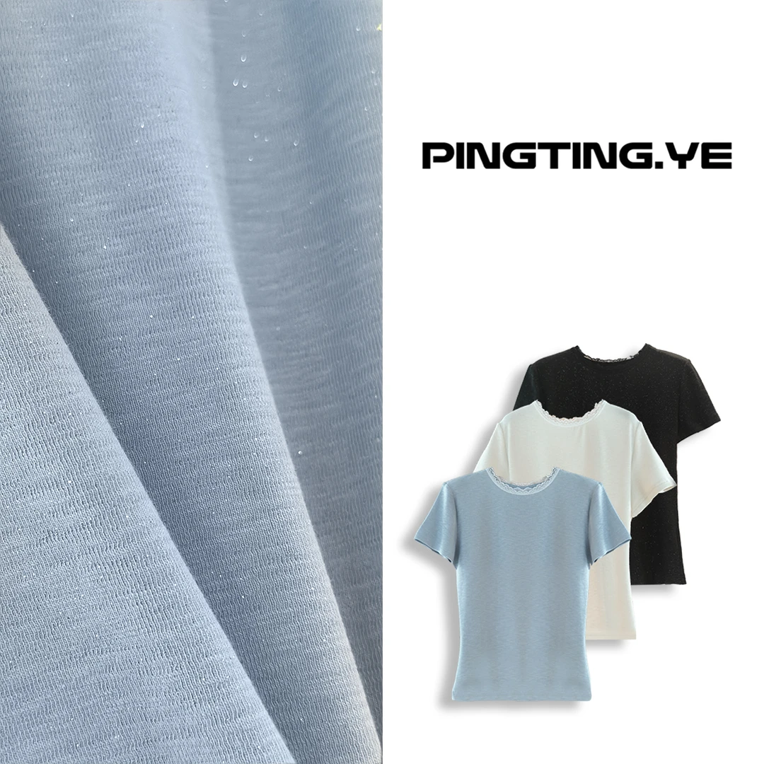 PINGTING.YE圆领韩系甜美细闪休闲蕾丝拼接短袖T恤PT3205