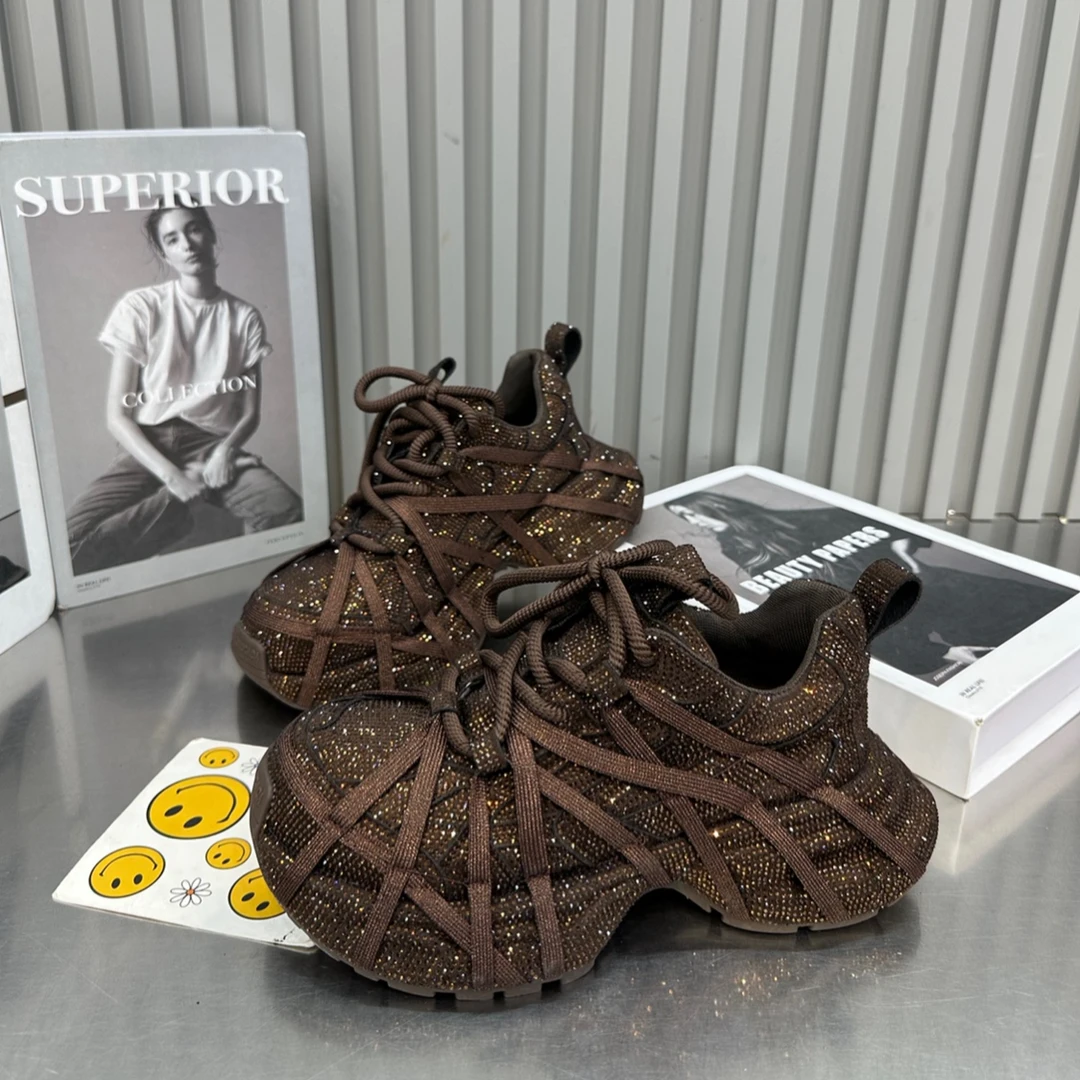 专柜正品秋季新款时尚厚底老爹鞋满钻超闪绑带休闲运动鞋女鞋百搭