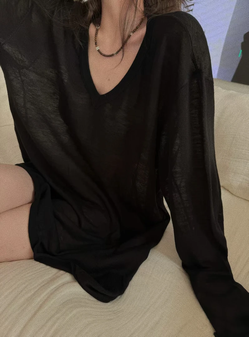 XYSF极简  想要的黑色慵懒感秋冬麻纱针织打底毛衣