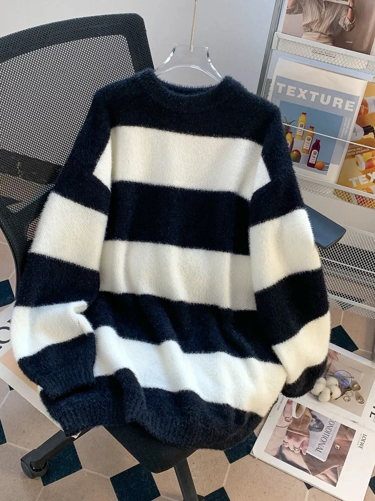 超好看水貂毛黑白条纹中长款毛衣女遮屁股2024秋冬新款宽松慵懒风