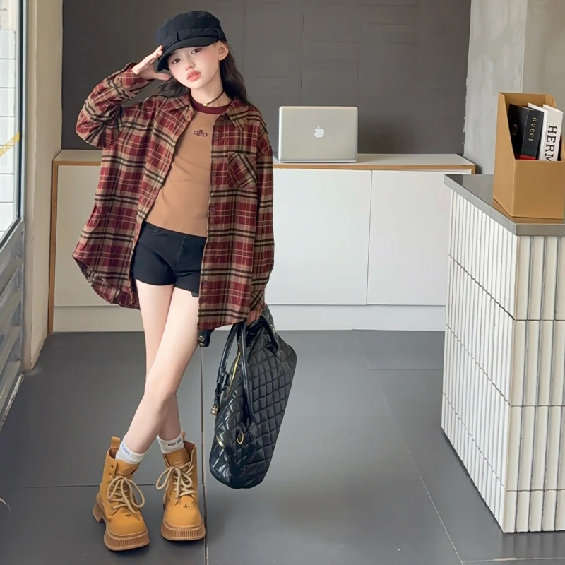 女童格子衬衫2025秋装 新款儿童长衣洋气女孩大童秋款宽松衫上衣