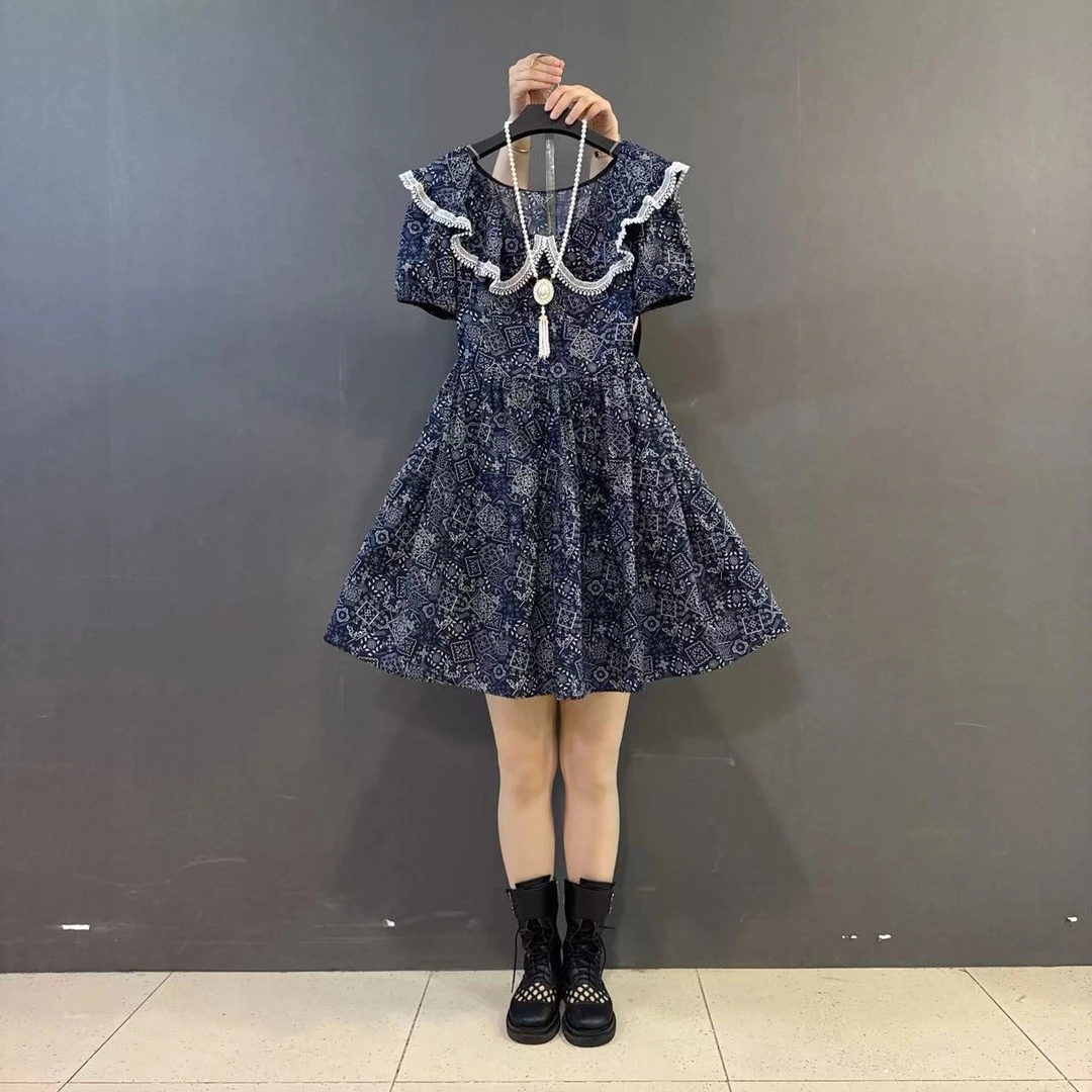 胖MM夏季新款娃娃领甜美碎花蕾丝拼接洋气连衣裙
