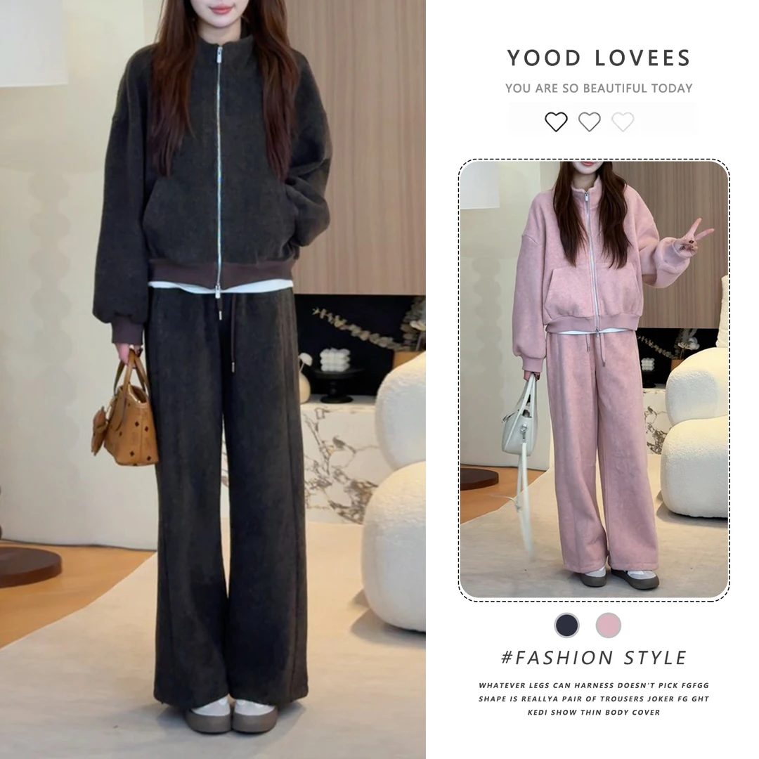 韩系学院风休闲卫衣阔腿裤套装2025新款女秋冬今年流行减龄两件套