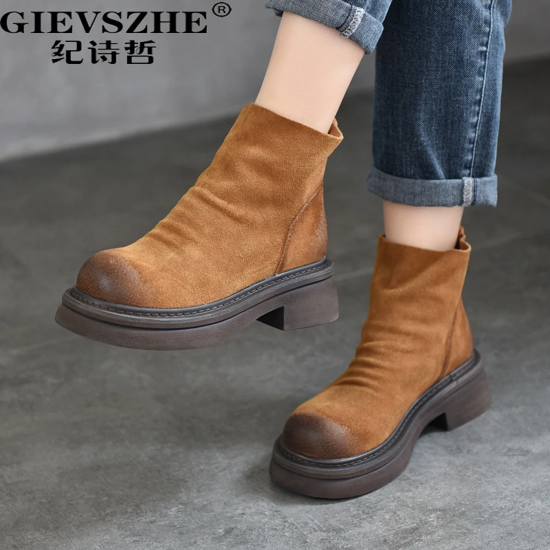 纪诗哲靴子女增高显瘦马丁靴女秋冬新款保暖复古粗跟百搭小短靴女