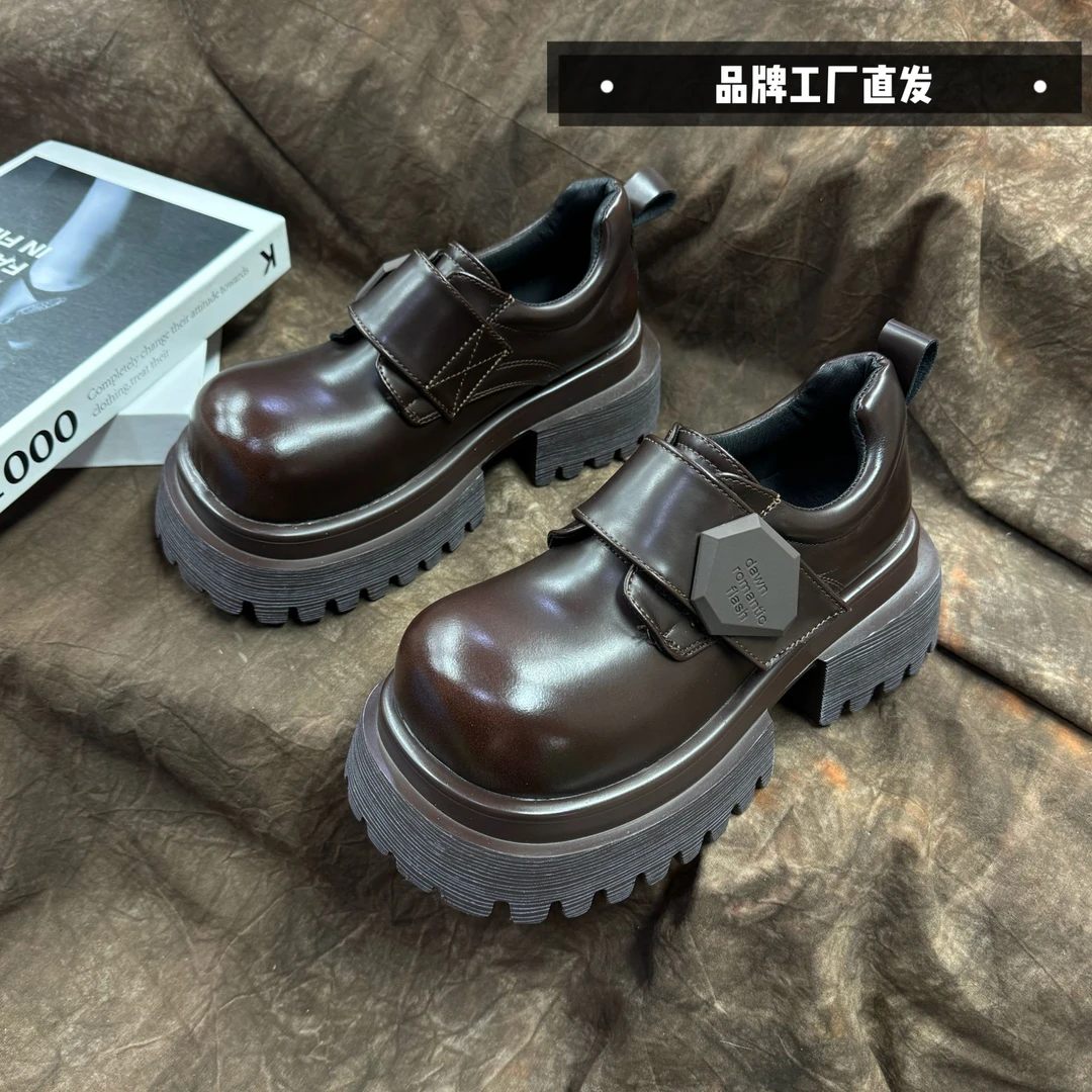 休闲百搭黑色真皮复古厚底英伦风圆头单鞋8898-5棕