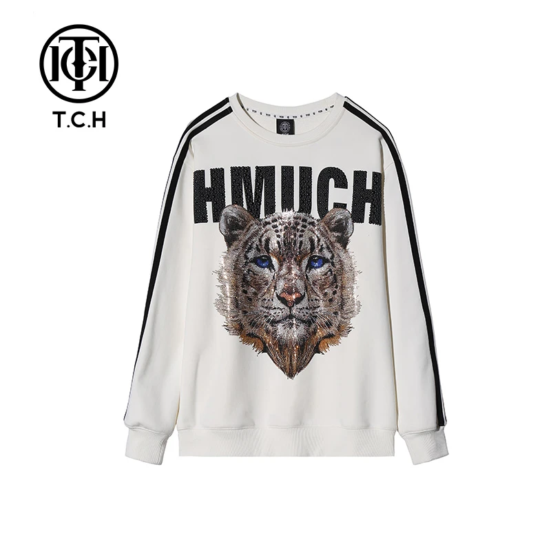 TCH时尚潮牌虎头字母烫钻白色百搭长袖圆领卫衣T69C116009