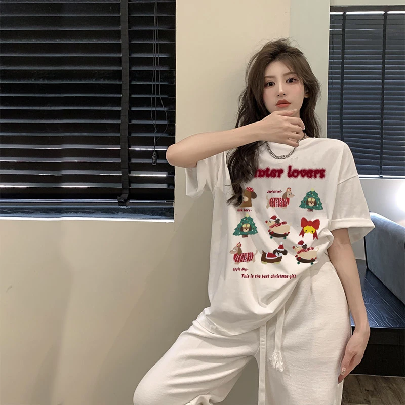 港味ins圣诞图案潮牌百搭t恤上衣高级洋气女装纯棉短袖情侣装半袖