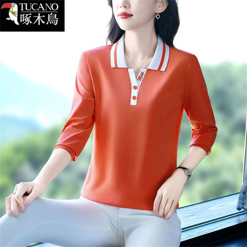 啄木鸟2025年春秋薄款长袖上衣新款女士减龄洋气休闲宽松翻领T恤