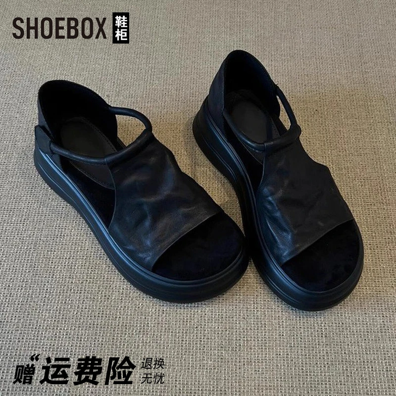 SHOEBOX鞋柜复古高级感一字带凉鞋女2025夏季法式厚底罗马凉鞋
