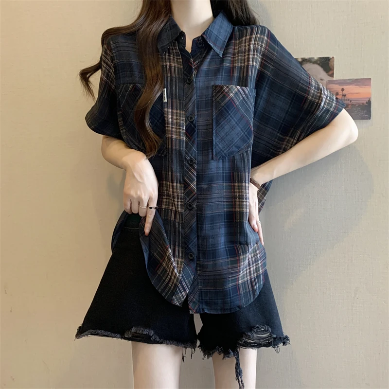 大码女装设计感复古格子短袖衬衫女夏季胖mm显瘦遮肉减龄雪纺上衣